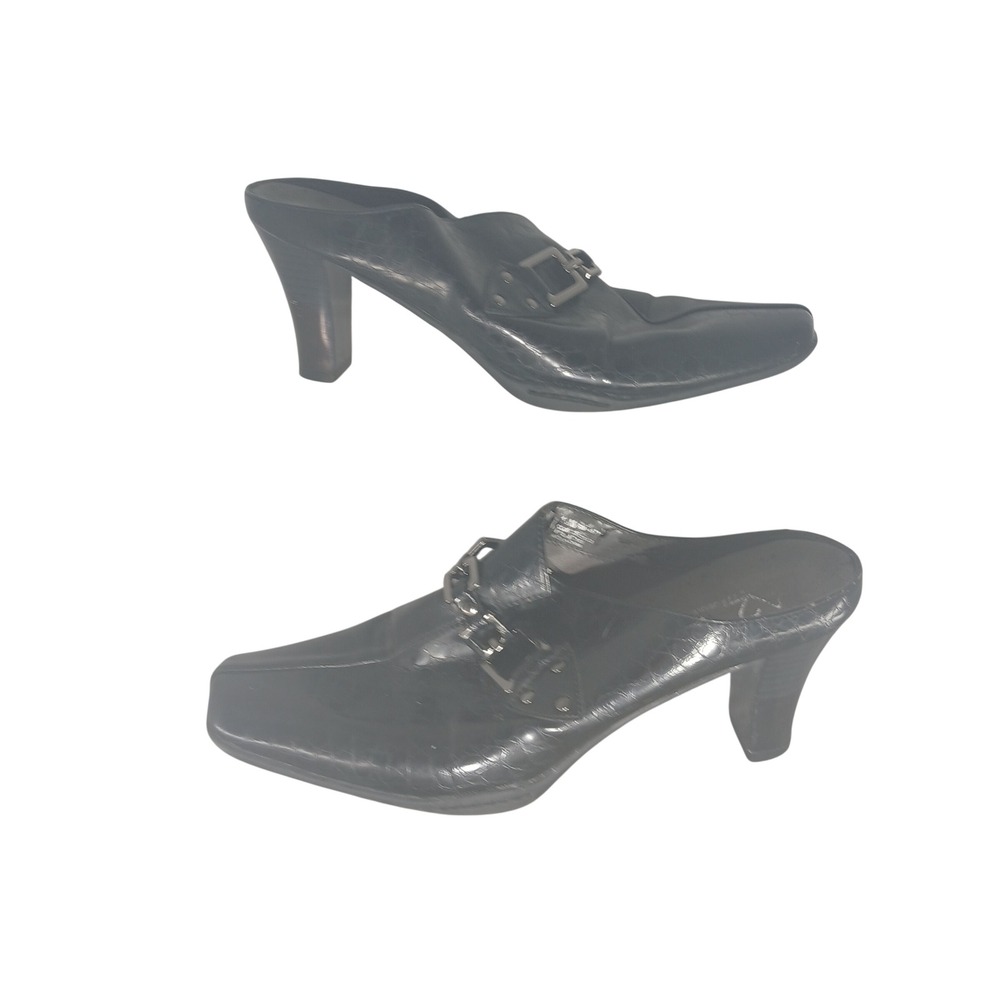 A2 Aerosoles Womens Black Croc Embossed Buckle Square Toe Mules Heels‎ Size 10B